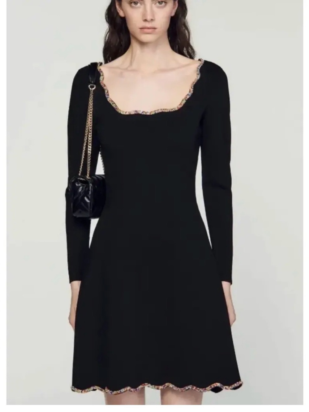 Sandro Black Long-Sleeve Knit Dress with Scalloped Trim